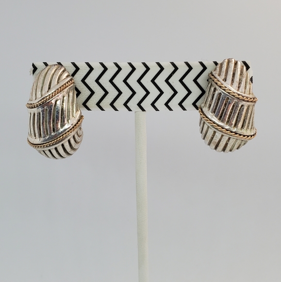 SOLD Sterling Ribbed Dome Hoop Omega Earrings - Picture 2 of 7